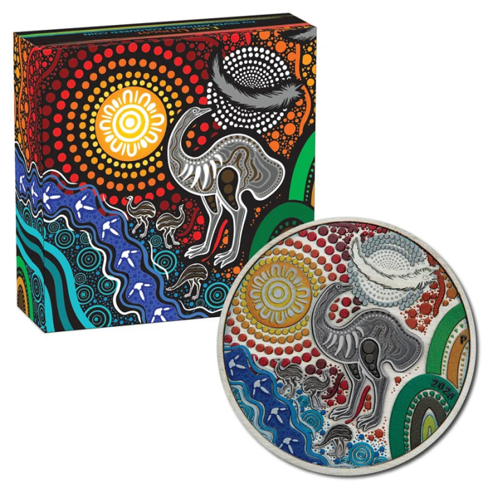 2025 2oz Antiqued Australian Emu Coloured Silver Coin - Mintage: 2,000