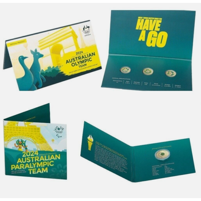 2024  $2  OLYMPIC GAMES  3 COIN SET & PARALYMPIC COIN IN PRESENTATION FOLDERS