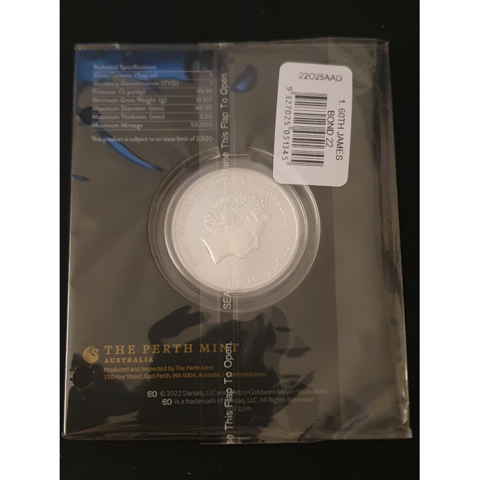 2022 60 Years of James Bond 007 1oz Silver Coin With Colour in Acrylic and Card