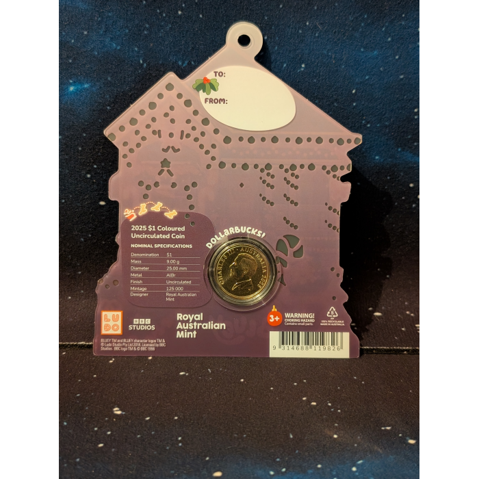 Bluey Christmas 2025 Dollar Buck $1 One Coloured Coin Australia Blue