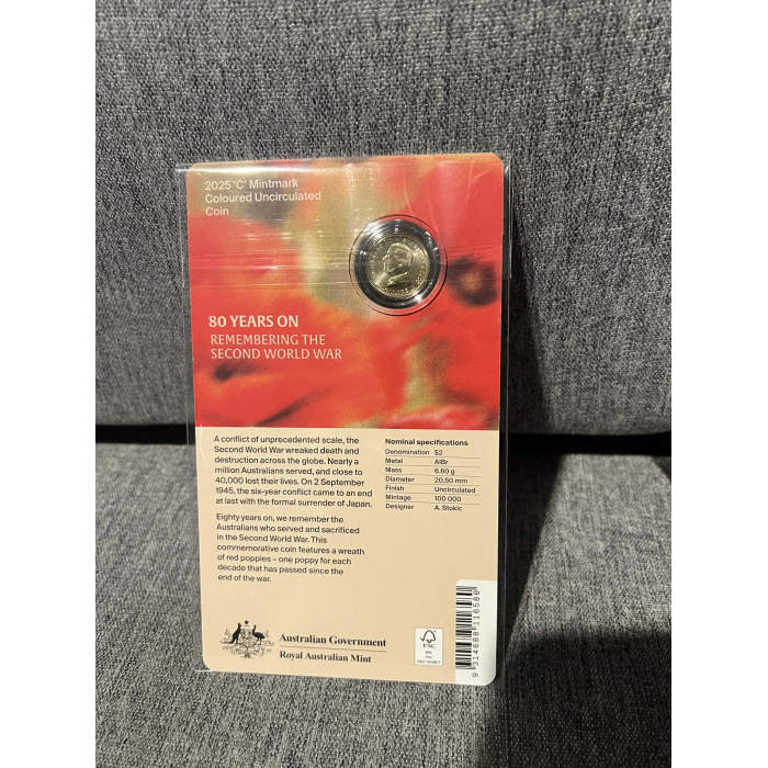 2025 $2 C Mintmark  80 Years of WW2 Poppy Coin Carded UNC Limited to 100,000