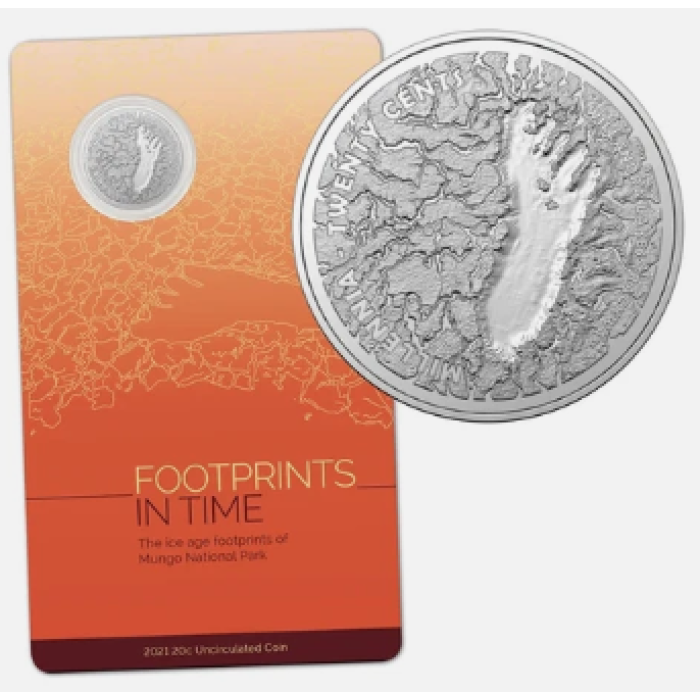 2021  20c  FOOTPRINTS IN TIME MUNGO CARDED COIN