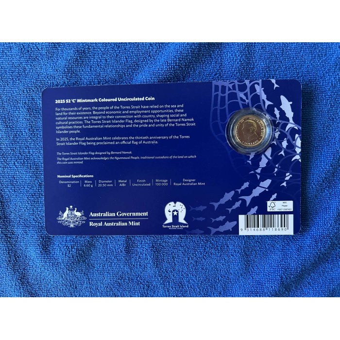 2025 $2 Torres Strait Flag 30th Anniv C Mintmark Coloured Coin