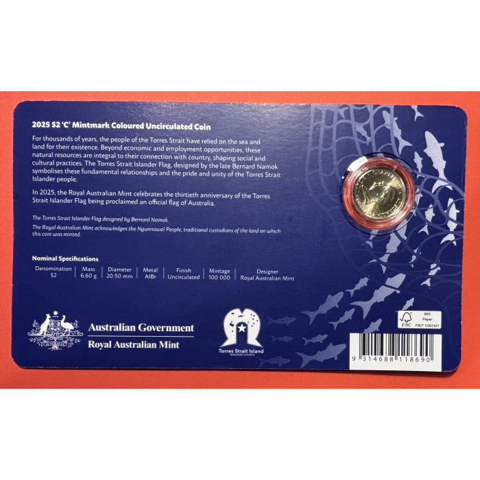 2025 $2 “C” MINTMARK Coloured Uncirculated Coin - Torres Strait Islander Flag