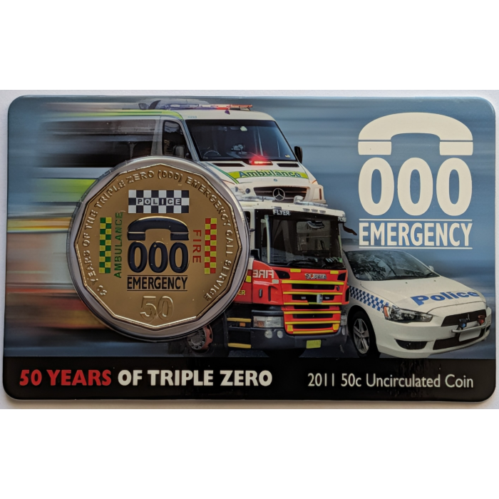2011 50 Years of Triple Zero Coloured 50 Cent Uncirculated Coin on RAM Card