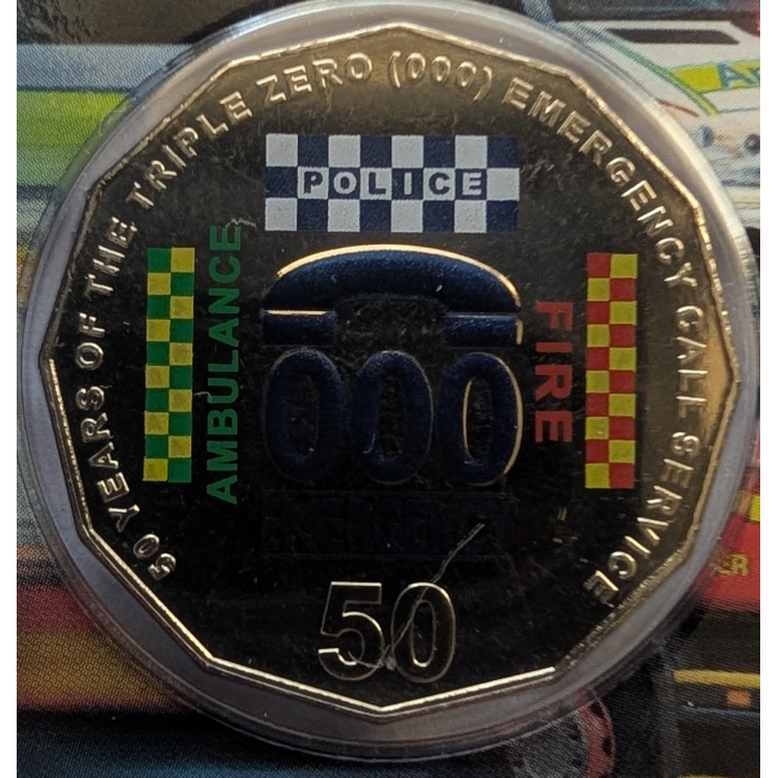 2011 50 Years of Triple Zero Coloured 50 Cent Uncirculated Coin on RAM Card