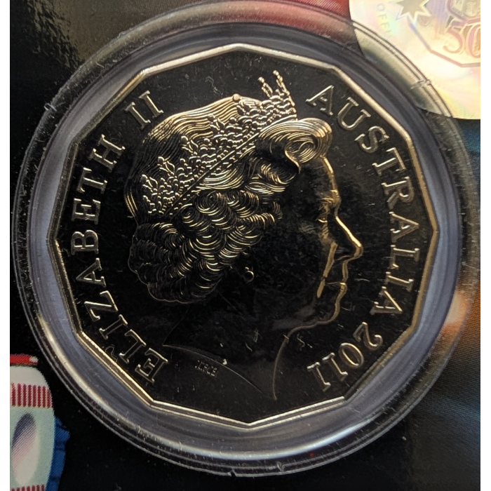 2011 50 Years of Triple Zero Coloured 50 Cent Uncirculated Coin on RAM Card