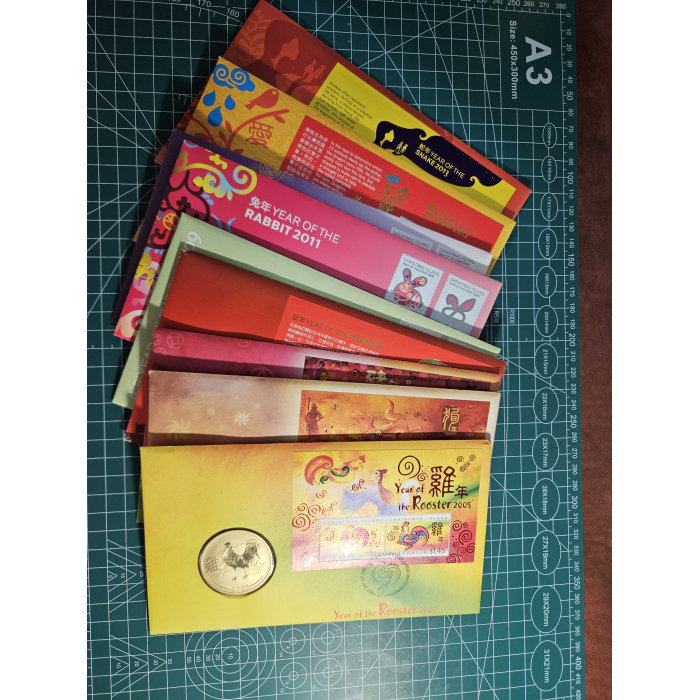 Lot of 9 early lunar pnc's rooster, pig, snake, dog, rat, ox, rabbit, tiger, dra