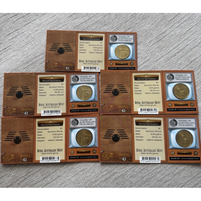 2006 50 Years of Australian TV - $1 UNC Flat Cards B, C, M, S & TV Mintmark Set