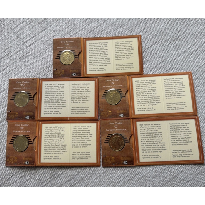 2006 50 Years of Australian TV - $1 UNC Flat Cards B, C, M, S & TV Mintmark Set