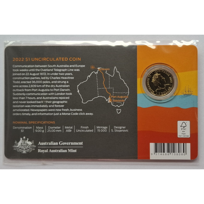 2022 $1 Australian Overland Telegraph Line- 150th Anniversary Carded Coin