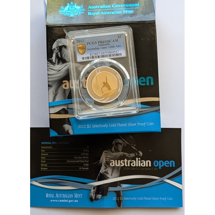 2012 $2 AUS Open 100th Ann. Silver Proof Selectively Gold Plated Coin PR69DCAM