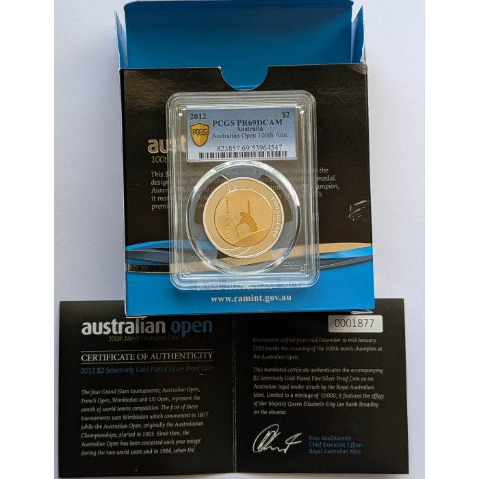2012 $2 AUS Open 100th Ann. Silver Proof Selectively Gold Plated Coin PR69DCAM