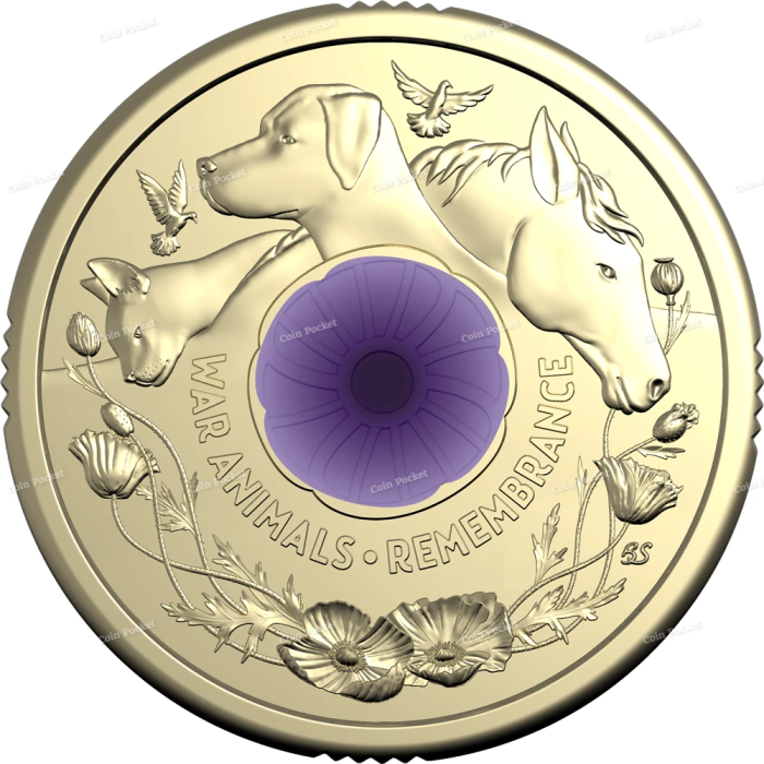 War Animals Remembrance 2024 Purple Poppy Coin $2 Two Dollar Australia Rare UNC