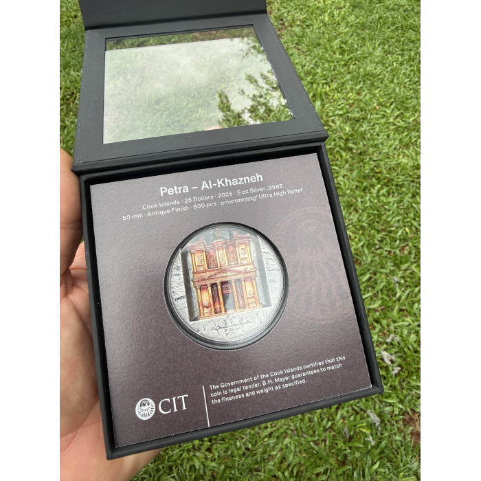 PETRA AL-KHAZNEH 2025 $25 COOK ISLAND HIGH RELIEF 5OZ SILVER ANTIQUE COIN