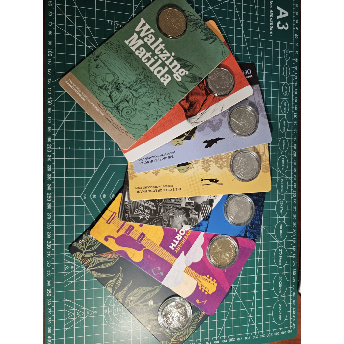 Mixed 7 carded coins, koala, Tamworth, reveal,  overlord, Ivanhoe, cammaleers, M