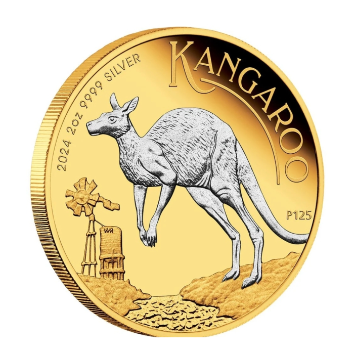 2024 Australian Kangaroo 2oz Silver Proof Reverse Gilded Coin