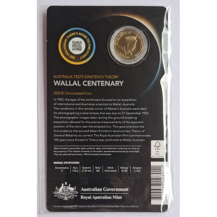 2022 $1 Wallal Centenary- Australia Tests Einstein's Theory Carded Coin