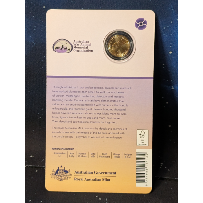 2024 "Purple Poppy" $2 Dollar C Mintmark War Animals Remembrance Coin Carded