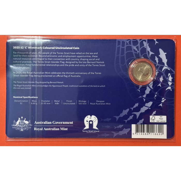 2025 Torres Strait Islander Flag $2 “C” Mintmark Coloured Carded Coin 