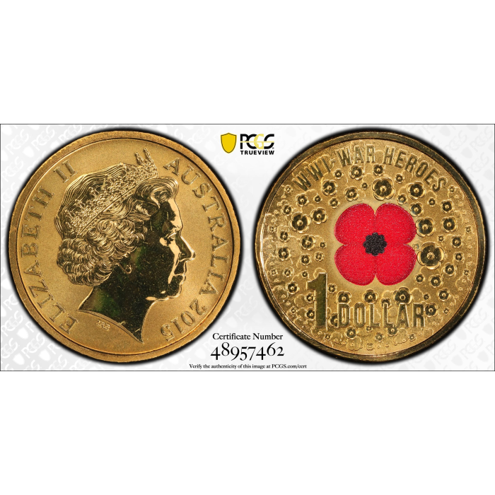 2015   $1 WWI WAR HEROES RED POPPY COLORIZED   PCGS MS69 ***TOP POP**