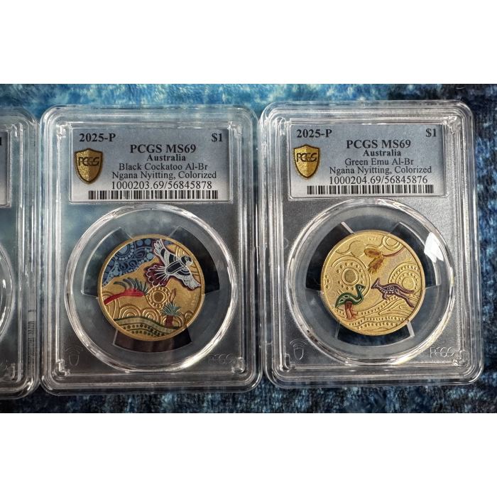 2024 $1 Kalkadoon + 2025 $1 Green Emu  $1 Black Cockatoo $1 Blue River ALL MS69
