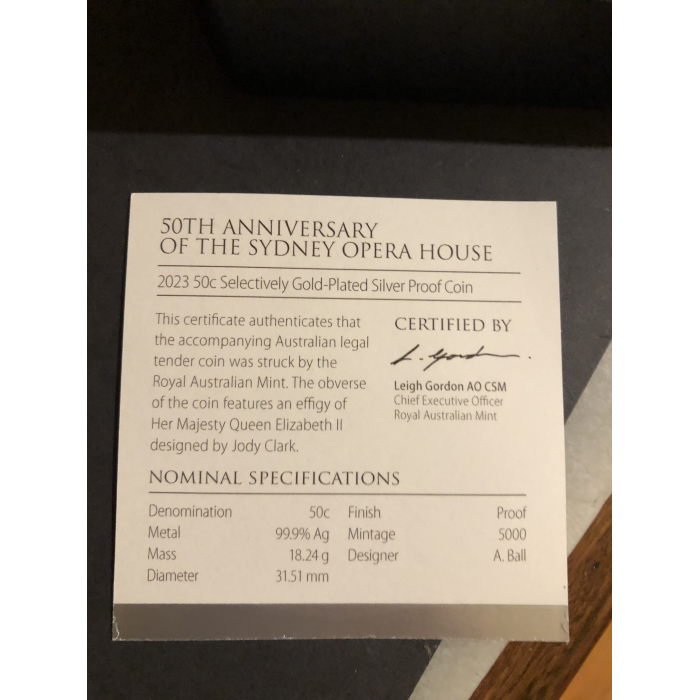 2023 50th Anniversary of the Opera House 50c selectively gold plated Silver coin