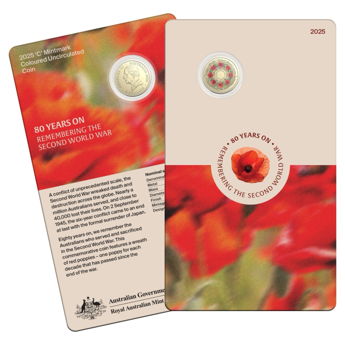2025 $2 80 Years On Remembrance Day Poppy 'C' Mint Mark Carded Coin