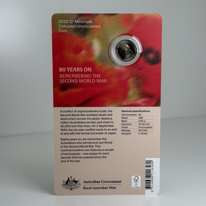 2025 $2 80 Years On Remembrance Day Poppy 'C' Mint Mark Carded Coin