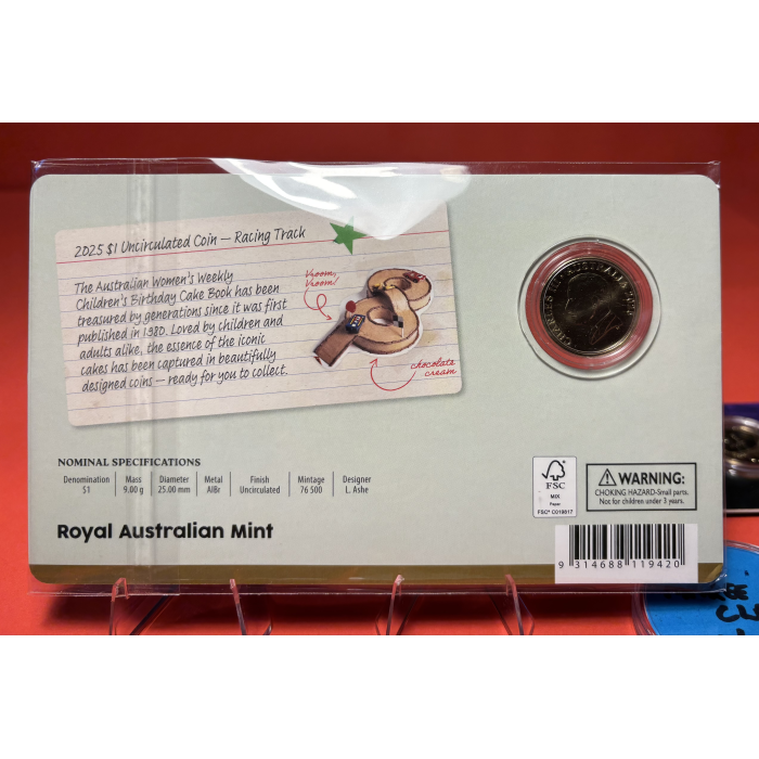 2025 Aus Women’s Weekly Birthday Cake Book - $1 Racing Track Carded Coin 