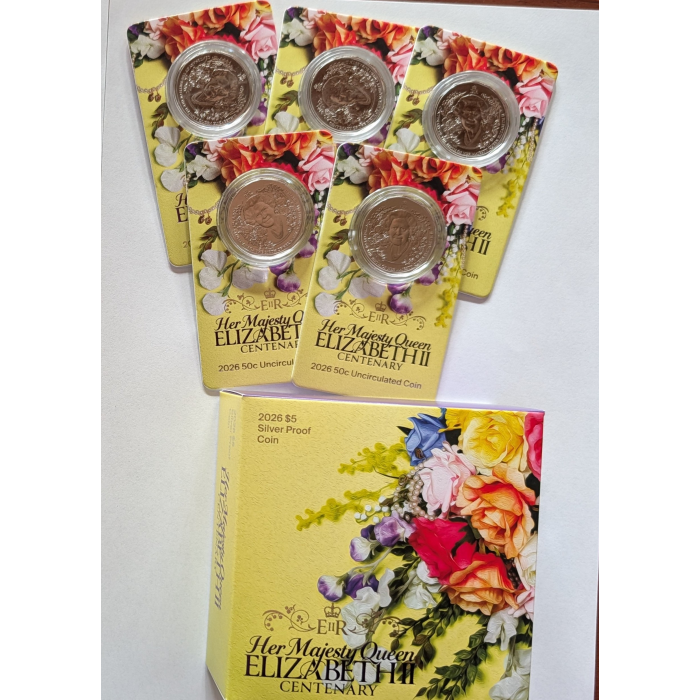 2026 Six Coin RRP Bundle - QEII Centenary incl. $5 Silver Proof & 5 x 50c UNC