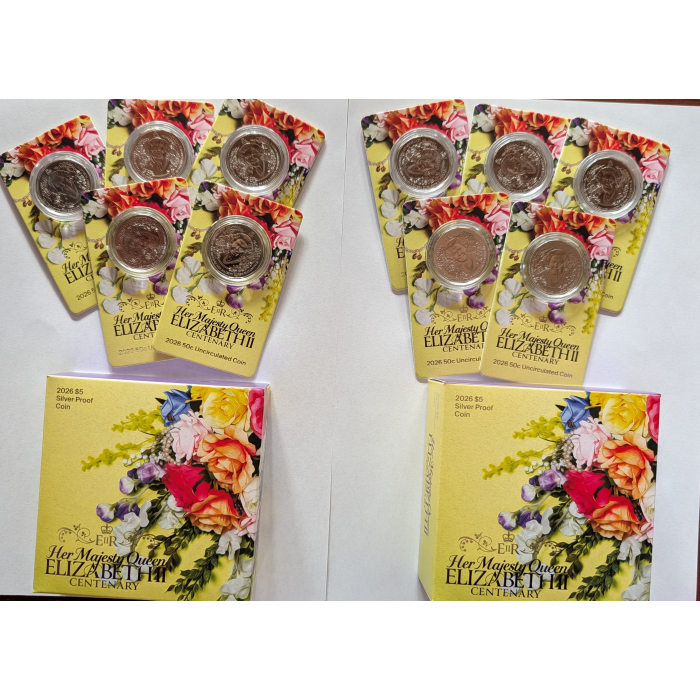 2026 Six Coin RRP Bundle - QEII Centenary incl. $5 Silver Proof & 5 x 50c UNC