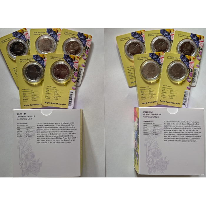 2026 Six Coin RRP Bundle - QEII Centenary incl. $5 Silver Proof & 5 x 50c UNC