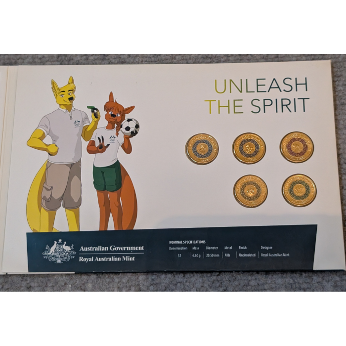 2020 Australian Olympic Team $2 Collection Set of 5 $2 coloured UNC Coins