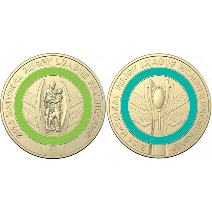 Rugby League Set of 2 Men's NRL Green Women's NRLW Blue Coins $2 Two Dollar UNC