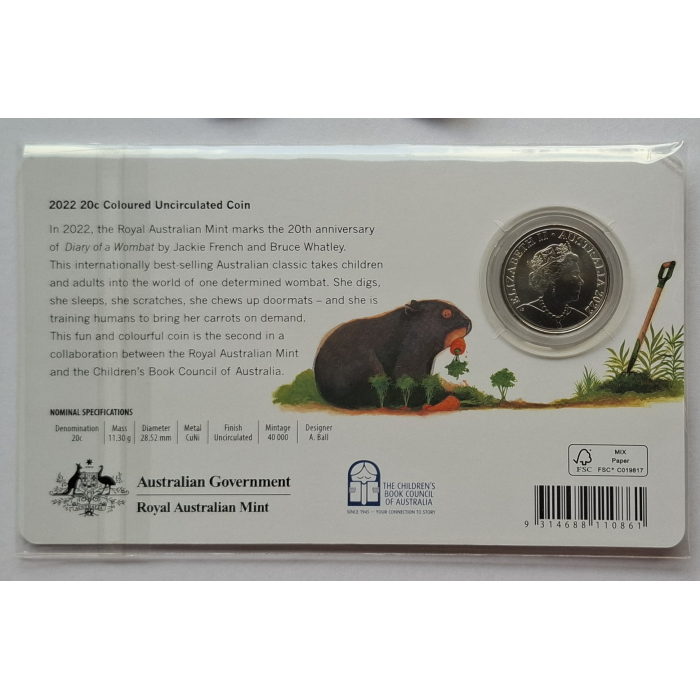 2022 20c Diary Of A Wombat- 20th Anniversary Carded Coin