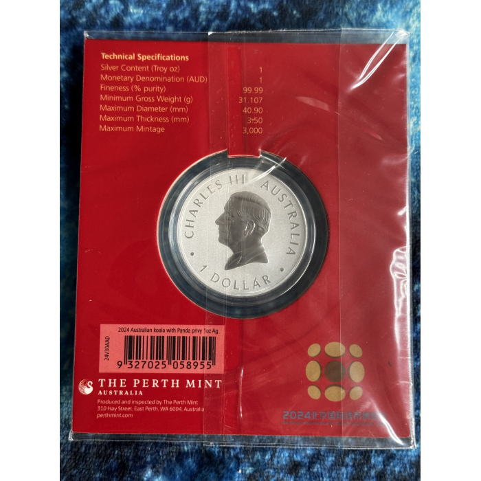 2024 $1 Beijing Coin Show Australian Koala and Panda Privy 1oz Silver coin