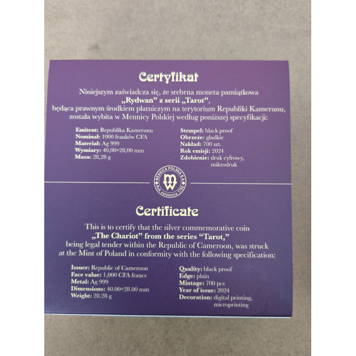 2024 The Chariot Tarot Cameroon silver coin