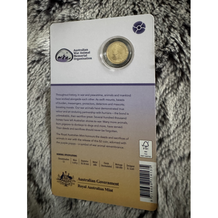 2024 RAM War Animals Remembrance $2 ‘C’ Mintmark coloured uncirculated coin 