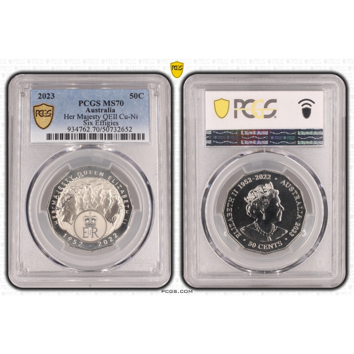 2023  50c  HER MAJESTY QUEEN ELIZABETH REGINA QEII SIX EFFIGIES  PCGS MS70