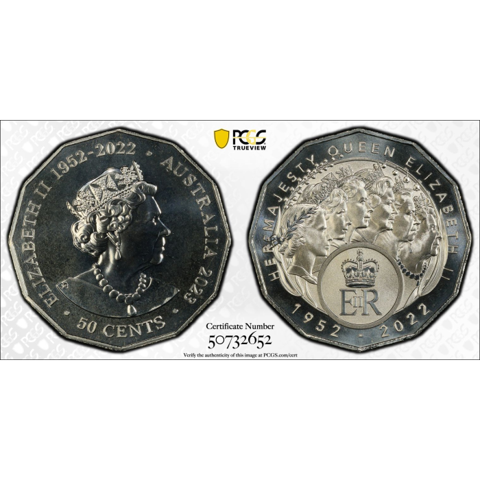 2023  50c  HER MAJESTY QUEEN ELIZABETH REGINA QEII SIX EFFIGIES  PCGS MS70