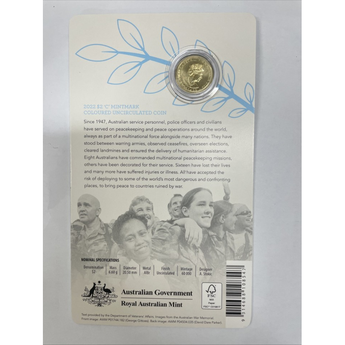2022 $2 75th Anniversary of Peacekeeping C Mint Mark Carded Coin