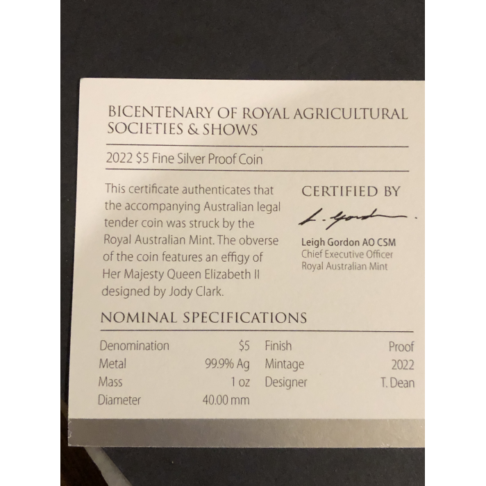 2022 $5  Fine Silver Proof 1 oz Royal Agricultural Society  and Shows