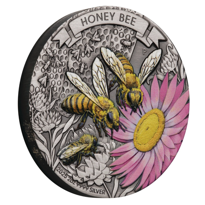 2025 2oz Silver Antiqued Honeybee Coloured Coin