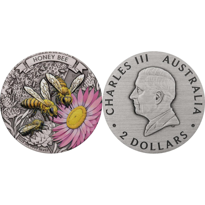 2025 2oz Silver Antiqued Honeybee Coloured Coin