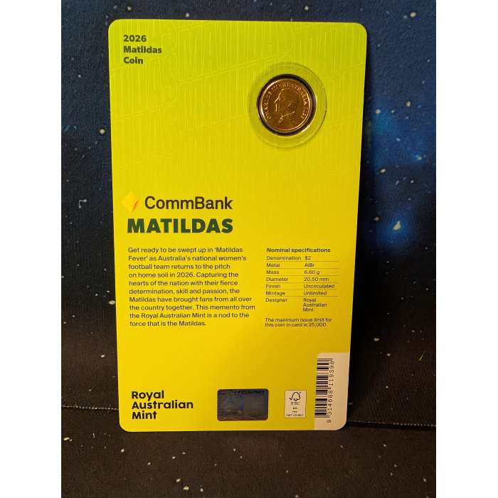  $2 Unc 2026  Matildas Coloured Coin in Card