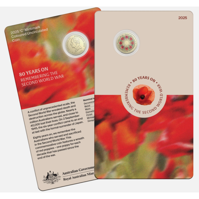 2025  $2  C MINT REMEMBRANCE 80th ANNIVERSARY WWII  "POPPY WREATH" CARDED COIN