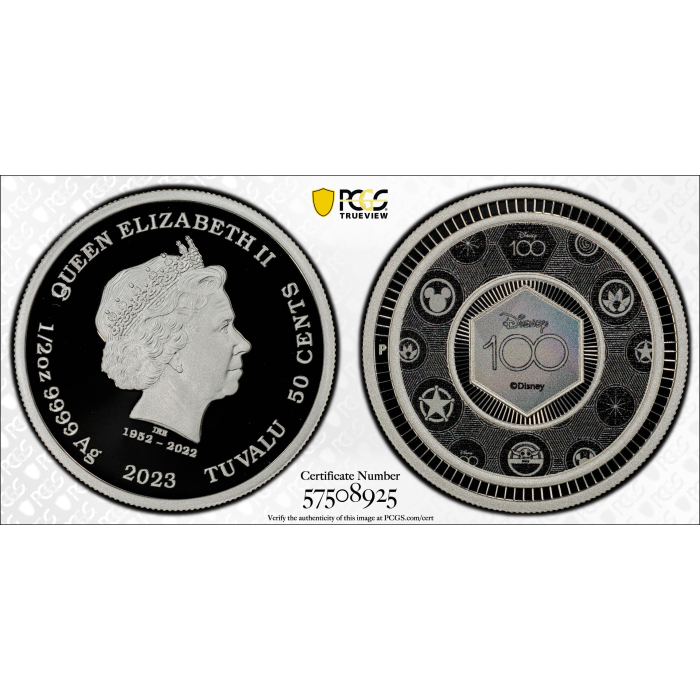 2023 50c TUVALU DISNEY 100th ANNIVERSARY 1/2oz SILVER PROOF PCGS PR7DCAM TOP POP