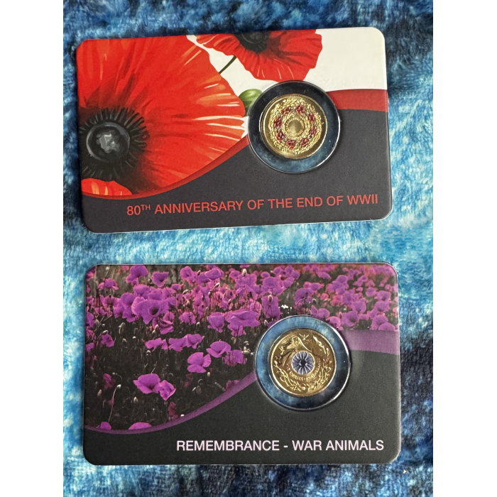 2025 $2 wreath poppy & 2024 $2 War Animals on Downies card