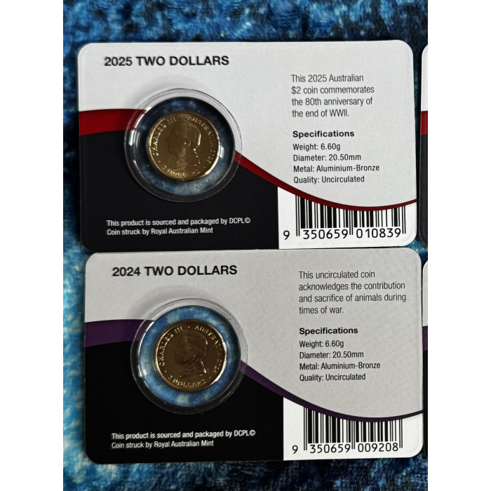 2025 $2 wreath poppy & 2024 $2 War Animals on Downies card